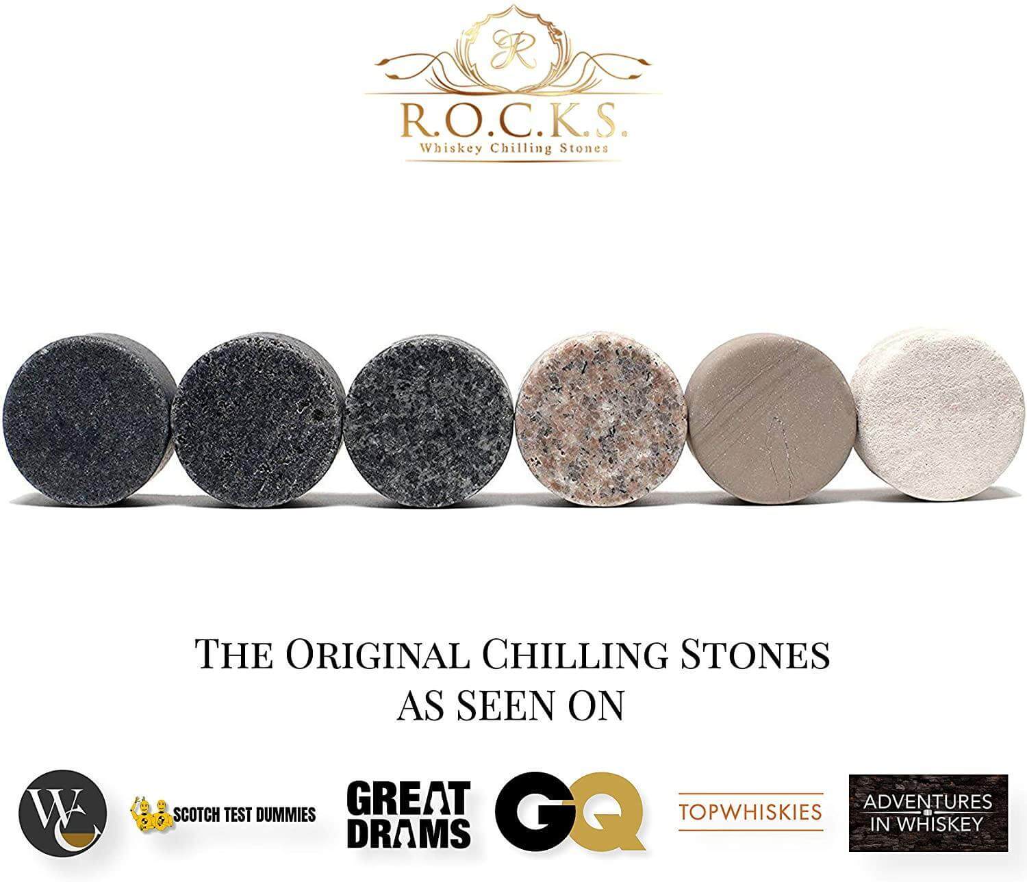 Whiskey connoisseur glass gift set signature edition — premium Father's Day gift for dad Set of whiskey chilling stones with R.O.C.K.S. branding on a white background