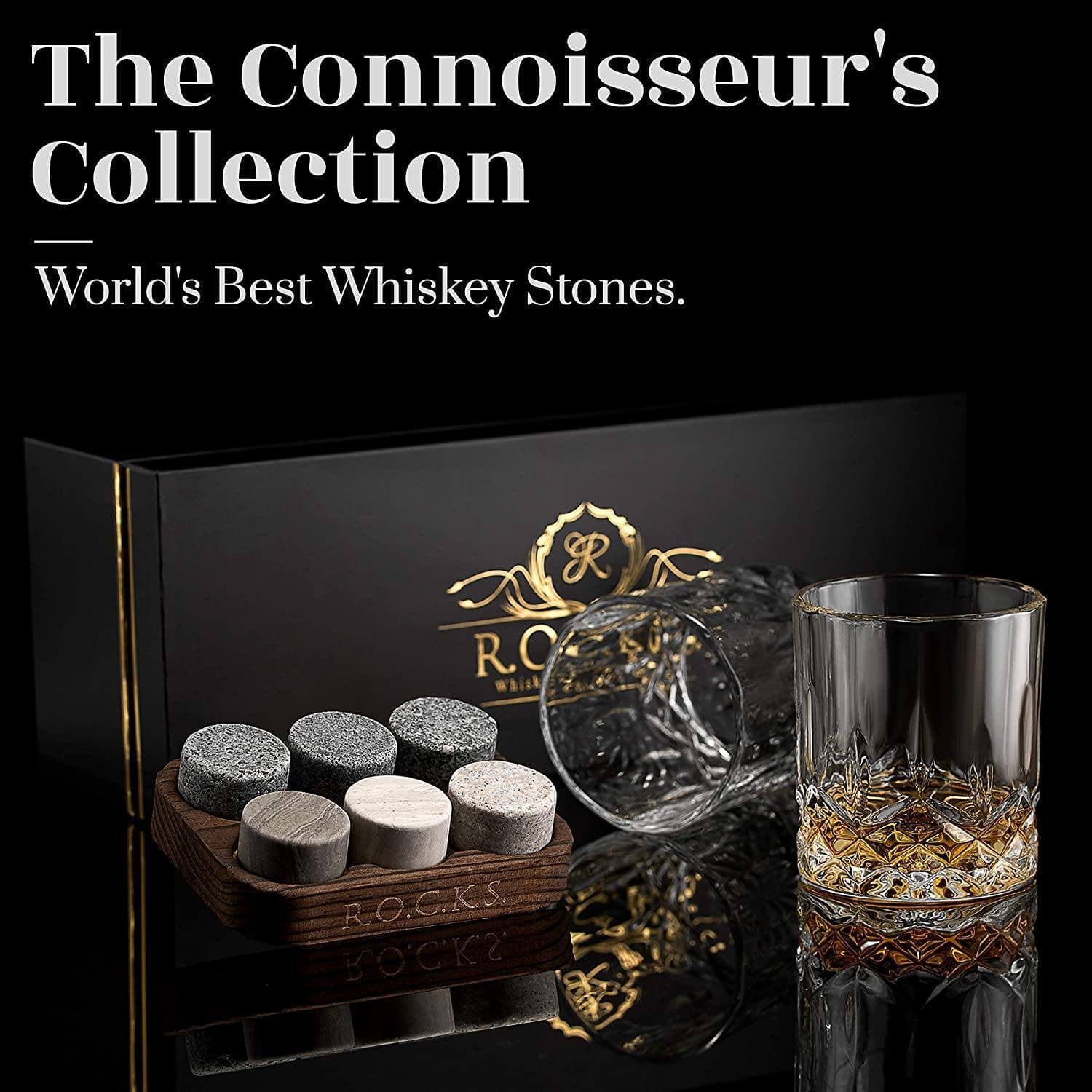 Whiskey connoisseur glass gift set signature edition — premium Father's Day gift for dad Whiskey stones and glasses with 'The Connoisseur's Collection' branding on a black background.