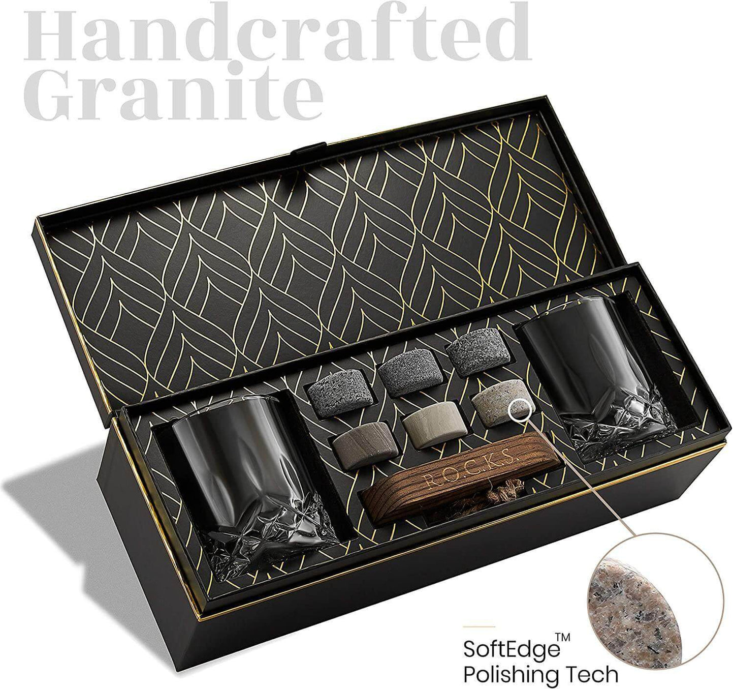 Whiskey connoisseur glass gift set signature edition — premium Father's Day gift for dad Handcrafted granite product set with black containers and stones in a decorative box.