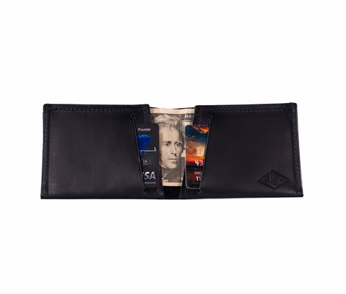 Black leather wallet with cards and money on a white background personalized gift for dad