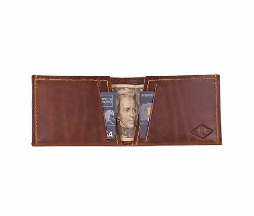 Brown leather wallet with money and cards on a white background personalized gift for dad
